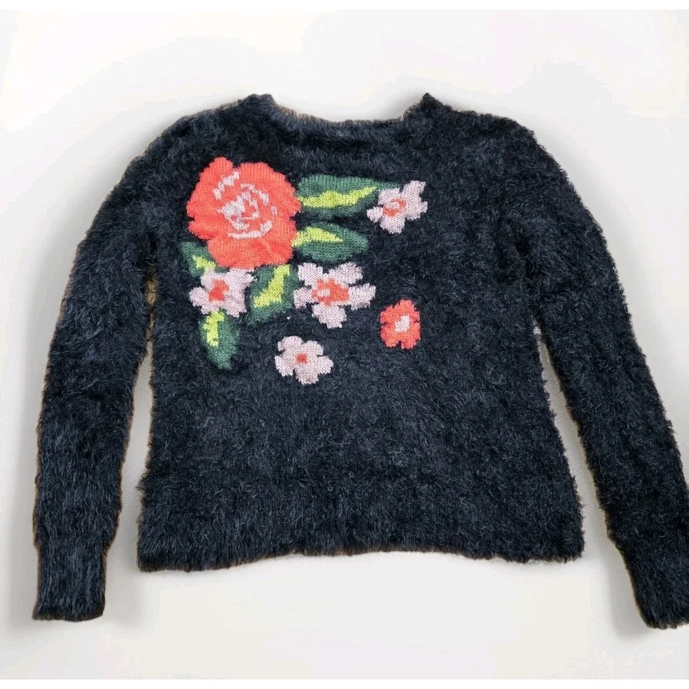 Jessica‎ Simpson Black Fuzzy Sweater Colorful Floral Pattern Grunge Dark Fairy